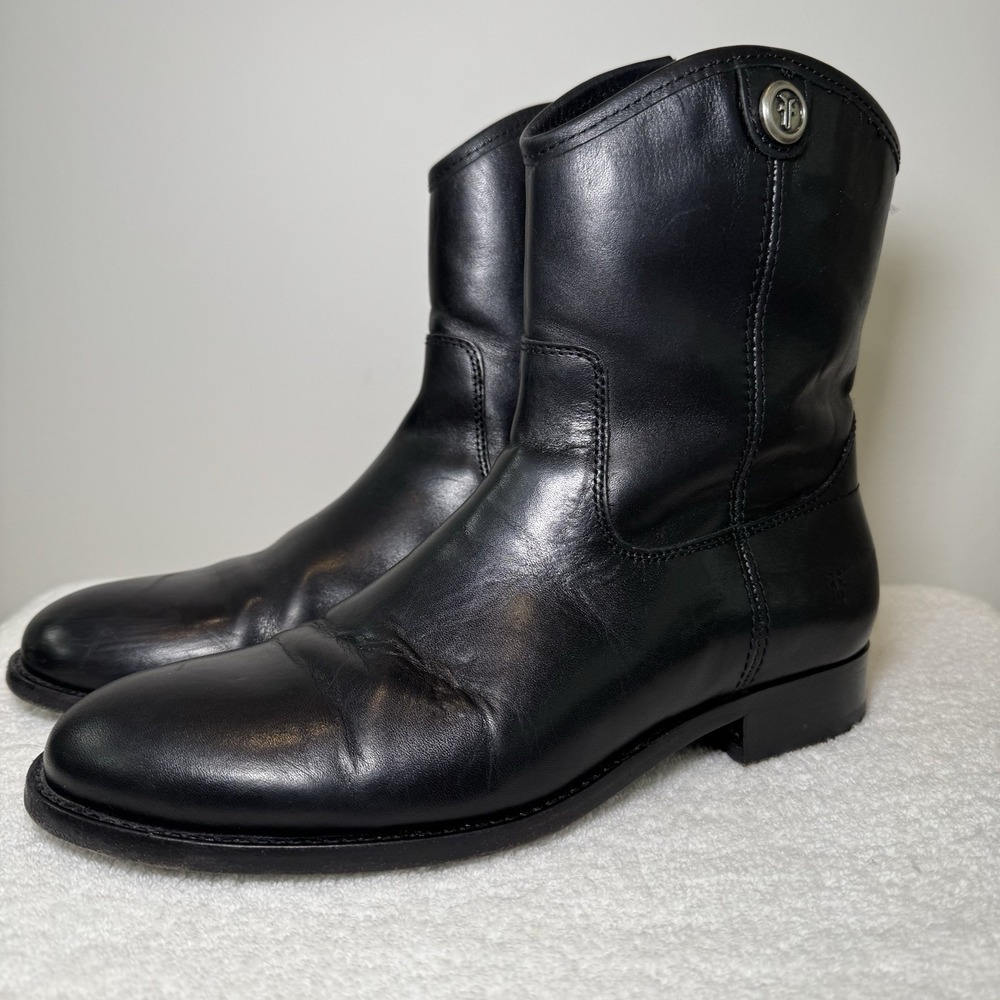 Frye Womens Black Leather Melissa Button Short Zip Western Ankle Boots 7.5‎